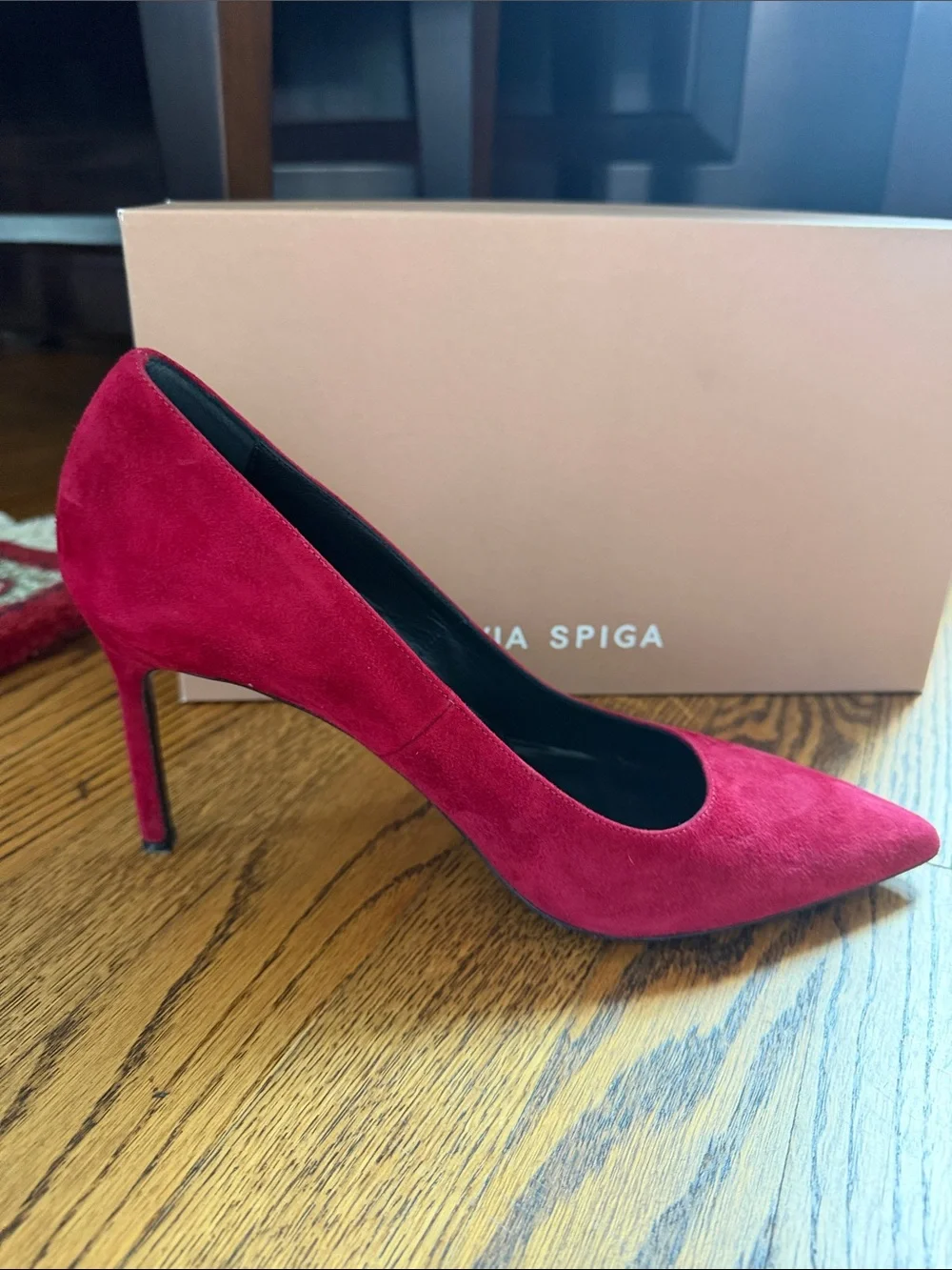 Via Spiga “Nikole” Ruby Red Suede Pointed-Toe Stiletto Pumps Sz 9 (box incl.)